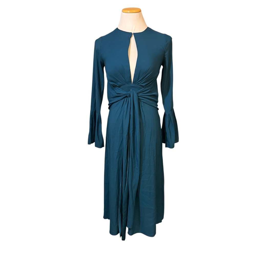 Tome Teal Dress with Long Sleeves Plunging Keyhole Neckline
